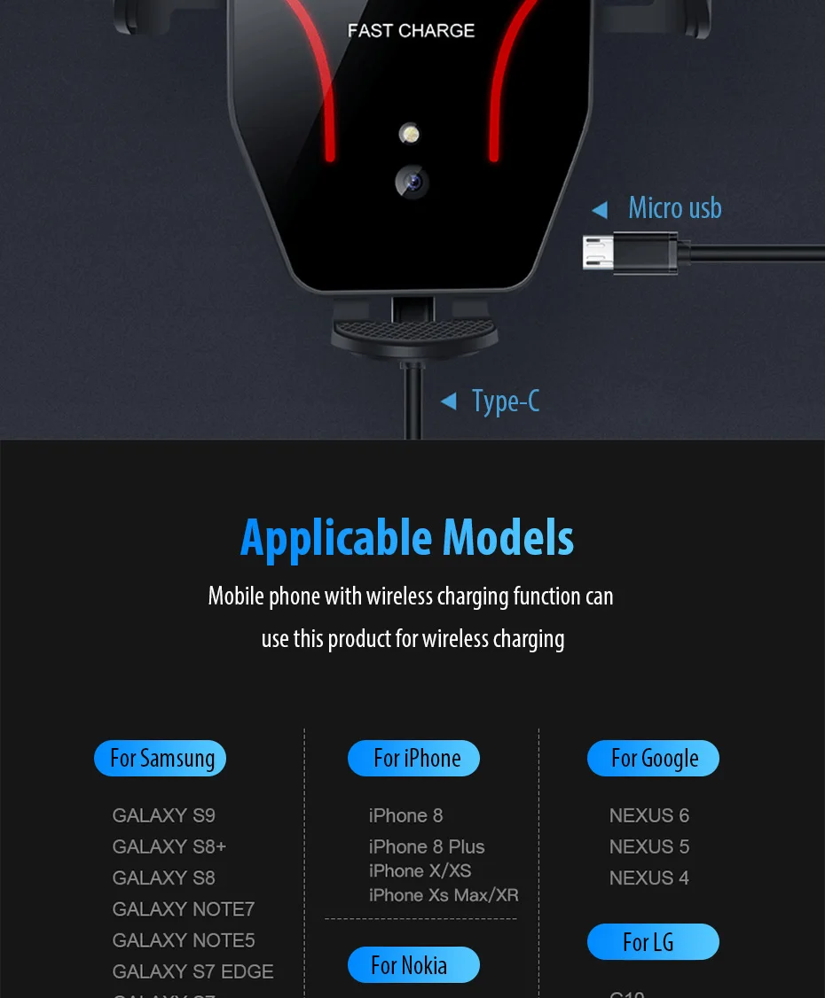 10 Вт Qi Беспроводное зарядное устройство для iPhone XR XS Max быстрая Беспроводная зарядка для samsung S10 S9 умный датчик приближения автомобильный держатель телефона