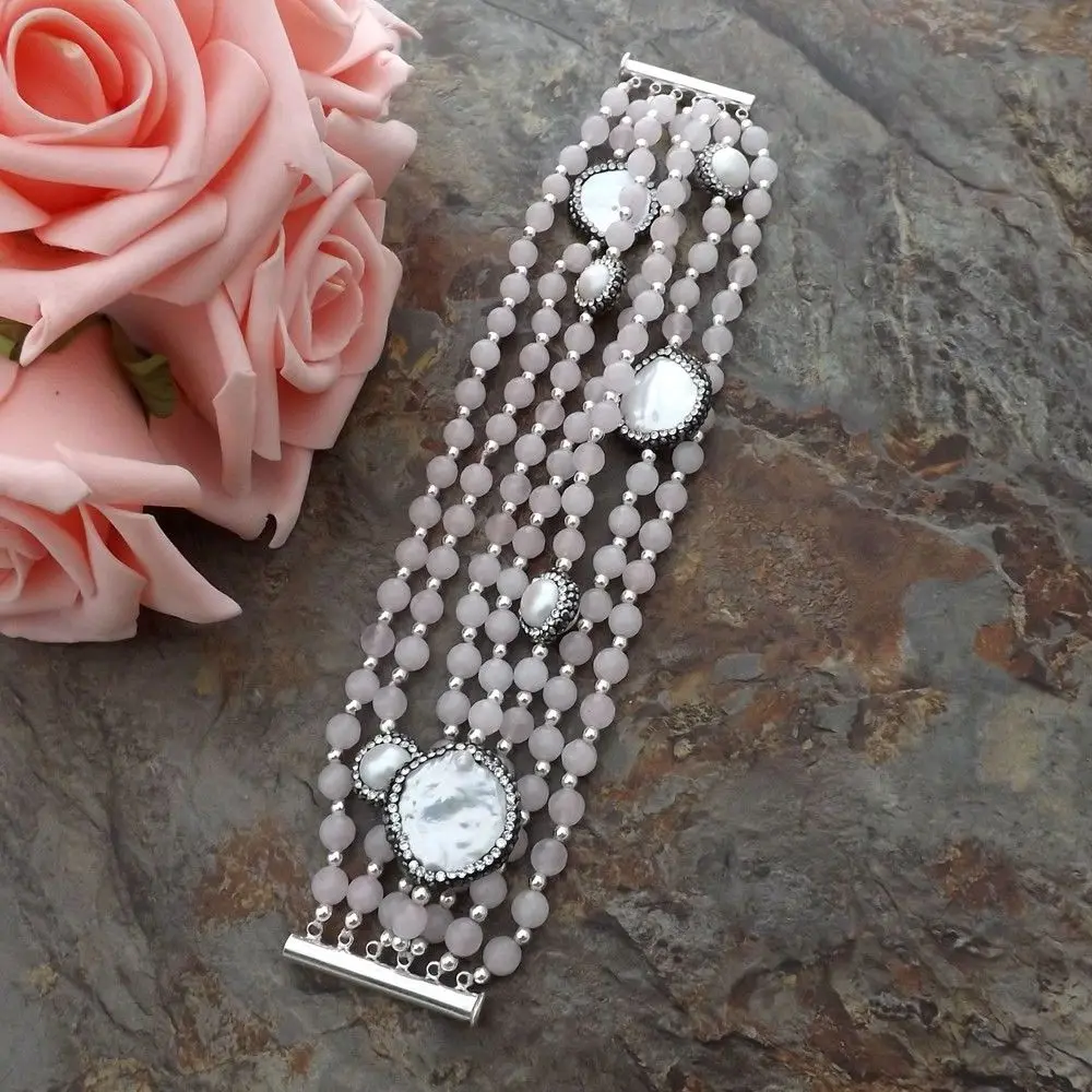 

GE062112 8'' 7Strands White Pearl Rose Crystal CZ Bracelet