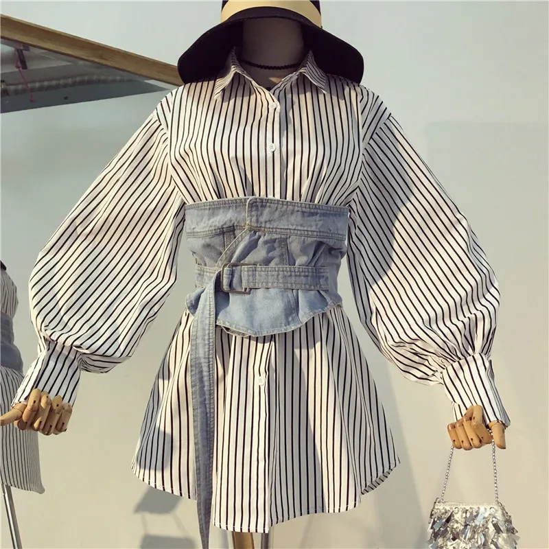 Новая весенняя модная женская длинная белая рубашка с длинными рукавами+ тонкий пояс из денима, два предмета, женские повседневные блузки из двух предметов