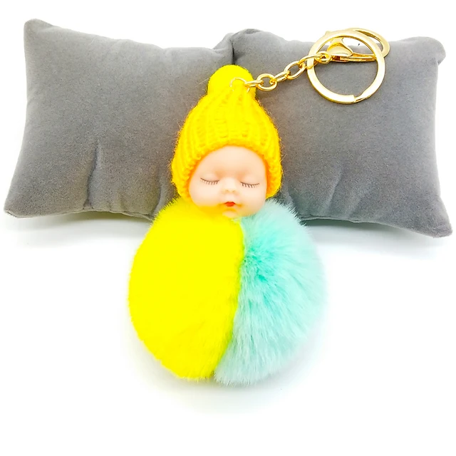 3 color Sleeping Baby Keychain Faux 8CM Fur PomPom Doll KeyChain Bulb