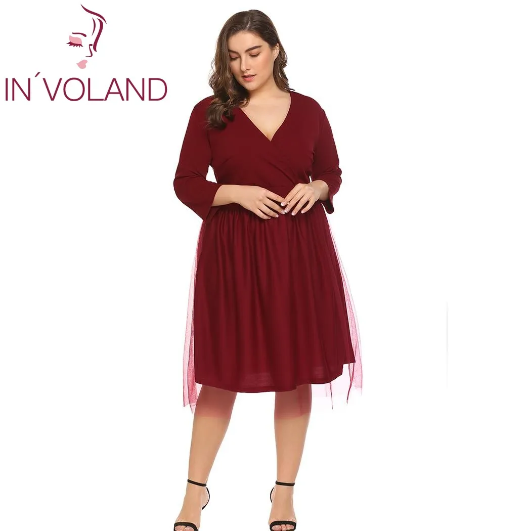 

IN'VOLAND Women Vintage Dress Plus Size XL-5XL Spring Autumn Surplice Mesh A-Line Large Party Skater Dresses Vestidos Big Size