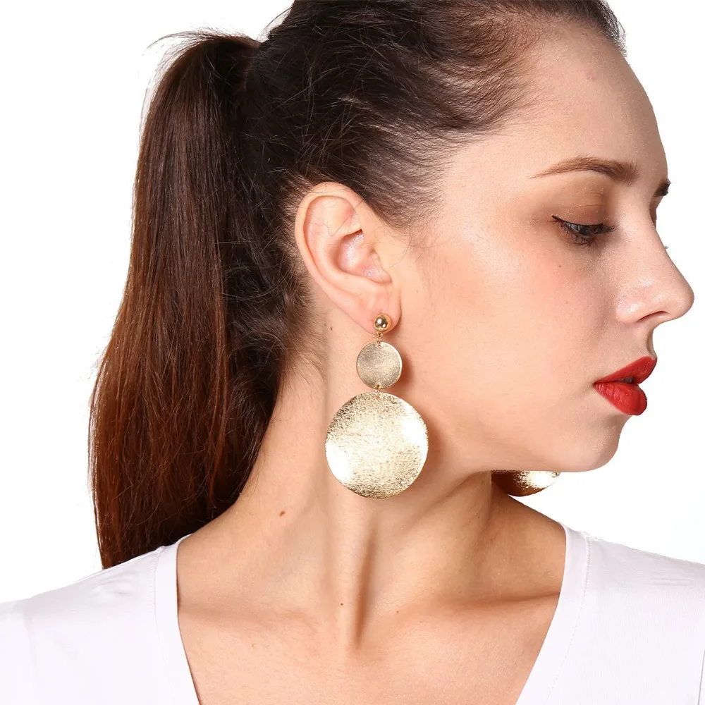 Fashion Punk Double Round Drop Earrings for Women Girl Oversize Gold