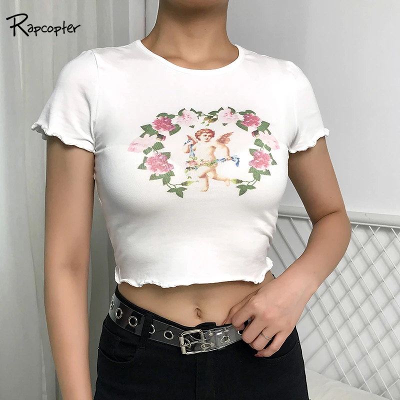 

Rapcopter Angel Print White Casual Crop Top Tee Harajuku Short Sleeve Tshirts Cotton Women Basic Streetwear T-shirt Ladies 2019