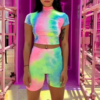 

short sleeve crop tops shorts tie dye print colorful 2 piece set summer women fashion club streetwear sets