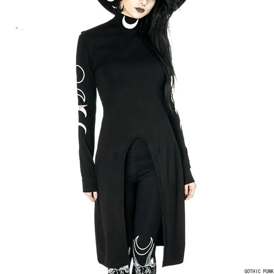 

Women Shirt Black Turtle Neck Dress Moon Print GothicLong Shirts Sexy Women Goth Women Black Dark Top Spring Shir