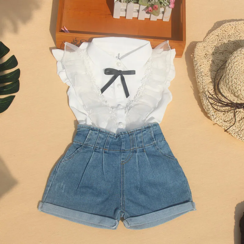 

Cute Blouses Baby Girl Summer Chiffon Shirts for Girls Fashion Lace Sleeveless Clothes Bow White Blouse Ruffle Tops for Teeange