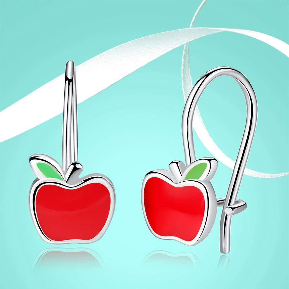 

FOREWE 2019 New 925 Sterling Silver Stud Earrings For Girls Kid Children Red Enamel Tiny Apple Earrings Cute Fashion Jewelry