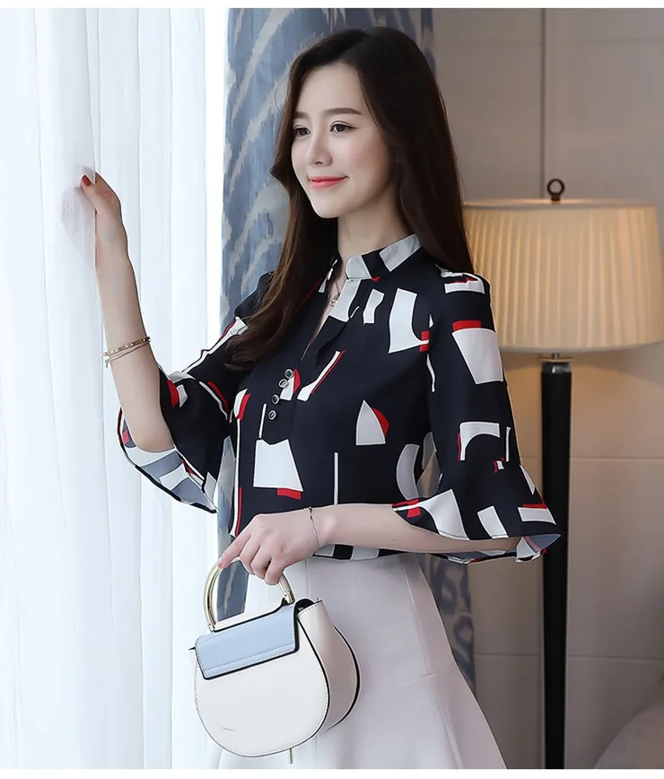 New Style Women Blouses Geometric Pattern Chiffon Blouses Shirts Female Short Sleeve Plus Size Tops Lady 2018 Print Blusa Feminina (6)