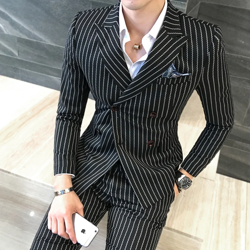 3 Pieces ( Jacket + Vest +Pants) Mens Double-breasted Suit Fashion Striped Groom Wedding Tuxedo for Men Casual Business Suit