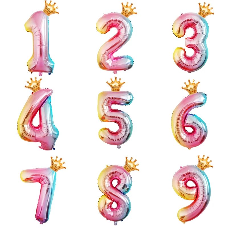 

1pc Rainbow Aluminium Foil Number Crown Balloons 0-9 Birthday Party Anniversary Party Decor Globos Kids figure Air Ball Supplies