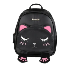 Cute Cat Animal Embroidery Backpacks Women Kawaii Black PU Leather Backpack for Teenage Girls Funny School