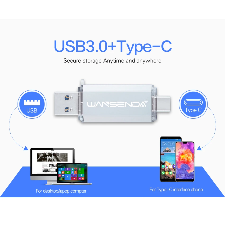 WANSENDA TYPE-C USB 3,0 USB флеш-накопитель портативный флэш-накопитель для Android Mobile 16 ГБ 32 ГБ 64 ГБ 128 ГБ 256 ГБ Флешка 2 в 1 карта памяти