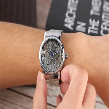 

Stainless Steel Mechanical Watch Silver Automatic Self Winding Skeleton Watches Luminous Hands Clock Male erkek k