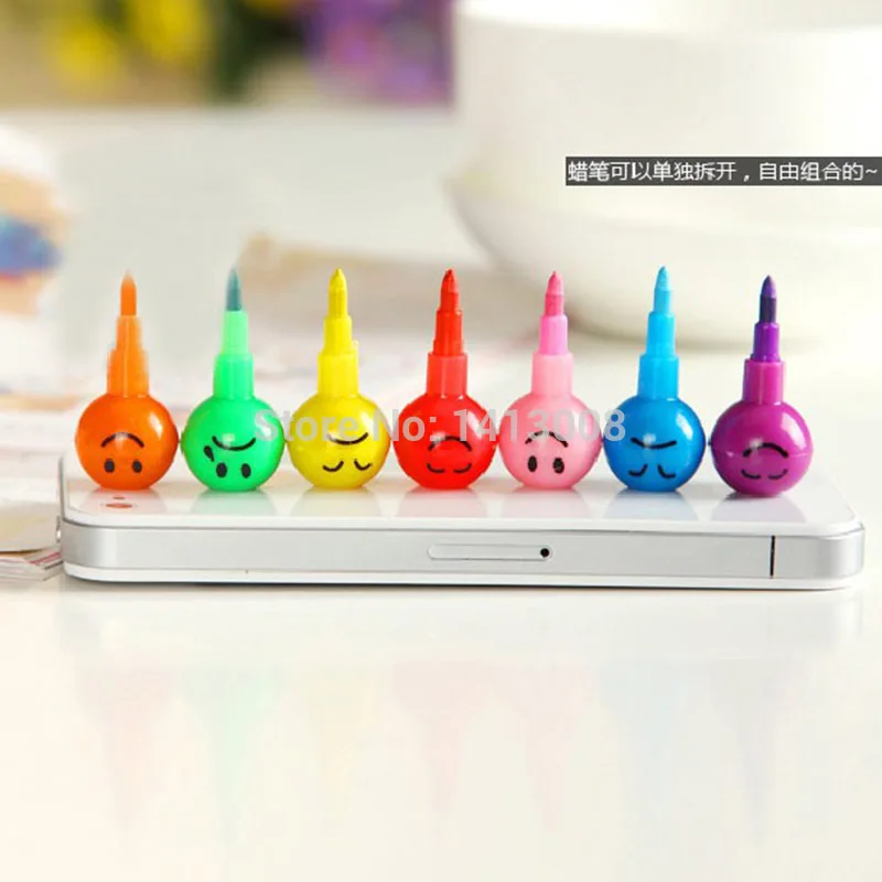

7 Color Purple Orange Red Yellow Pink Green Blue Stacker Swap Tip Wax Crayon Pencil Pen Stationary Filler Cute Face Kid Child