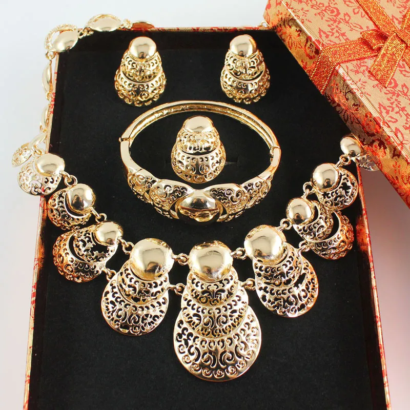 Горячая Африка Дубай золотой цвет модные Свадебные Ювелирные наборы ожерелье серьга-браслет кольцо выпускного вечера вечерние ювелирные наборы