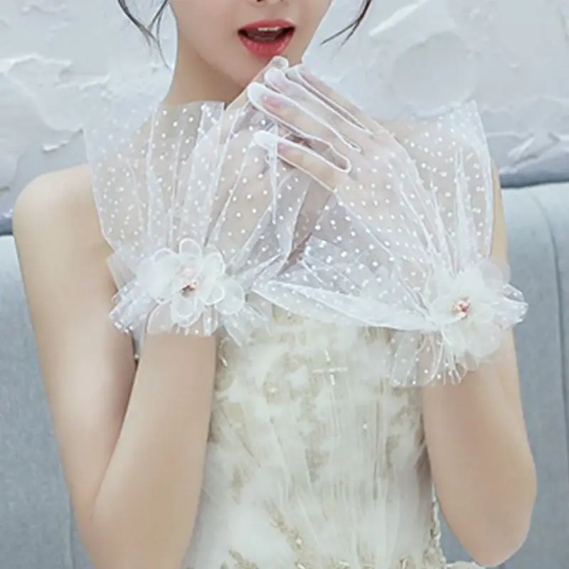 

Women Bridal Wedding Mesh Polka Dot Wrist Gloves Pink Faux Pearl Rhinestone Flower Bow Ruffled Full Finger Mittens Party Costume