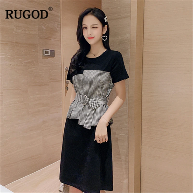 Женское платье с круглым вырезом RUGOD клетчатое платье-обманка короткими рукавами