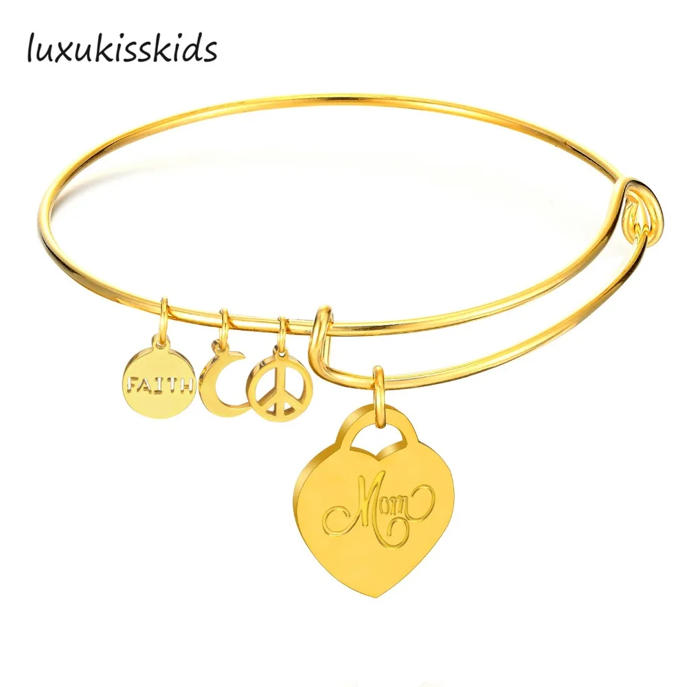 

LUXUKISSKIDS new fashion stainless steel charm bracelet bangle round heart locket with letter MOM expandable wiring for ladies
