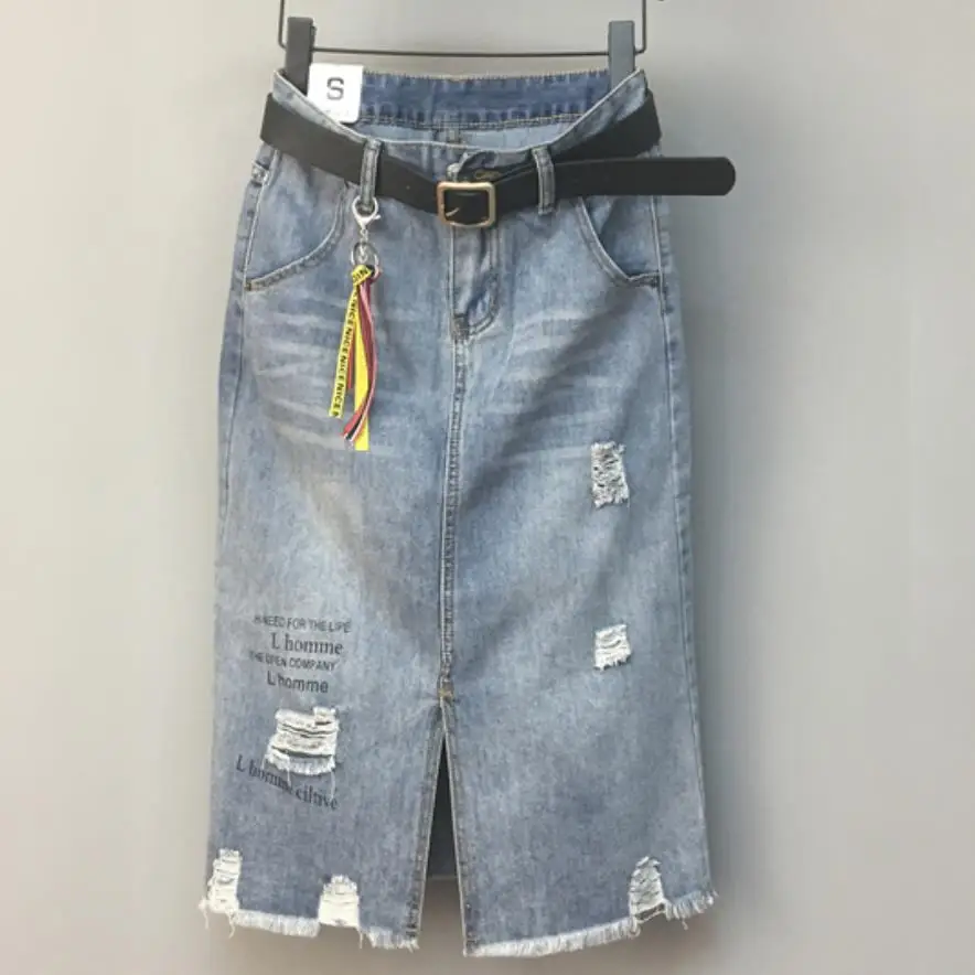 

plus size 5XL!Denim skirt fashion high waist split spring autumn hole letter jeans skirt a-line