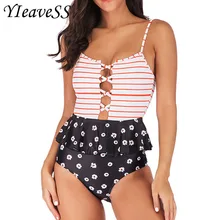 Плюс размер Tankinis принт завязанный Холтер цельный купальник женский вырез с открытой спиной полосатый Monokini пляжный купальный костюм Купальники