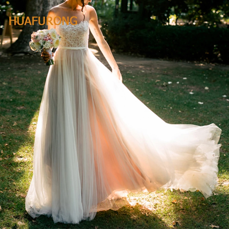 

Huafurong Women's Sweetheart Lace Bridal Dress Rustic Boho Beading Wedding Dress Floor-length Open Back Sashes