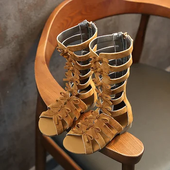 

High-top fashion leather summer brown black girls gladiator sandals boots Roman kids shoe toddler baby sandals size 26-35