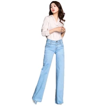 Джинсы в винтажном стиле светло-голубой Черный цвет; Большие размеры Широкие штаны Новинка весны корейский Повседневное расклешенные Длинные свободные Высокая талия джинсы Feminina LR5