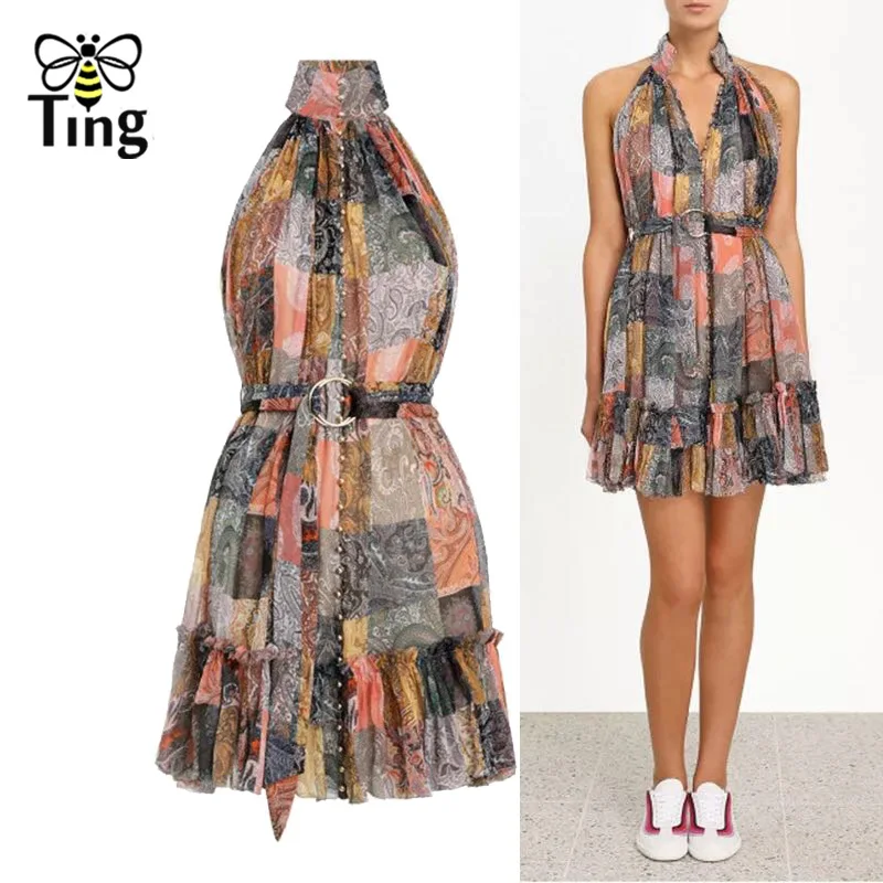 

Tingfly Halter Dress Hot Summer Party Dress Floral Printing Out Designer Off the Shoulder Short Dress Boho Casual Vestidos Summe