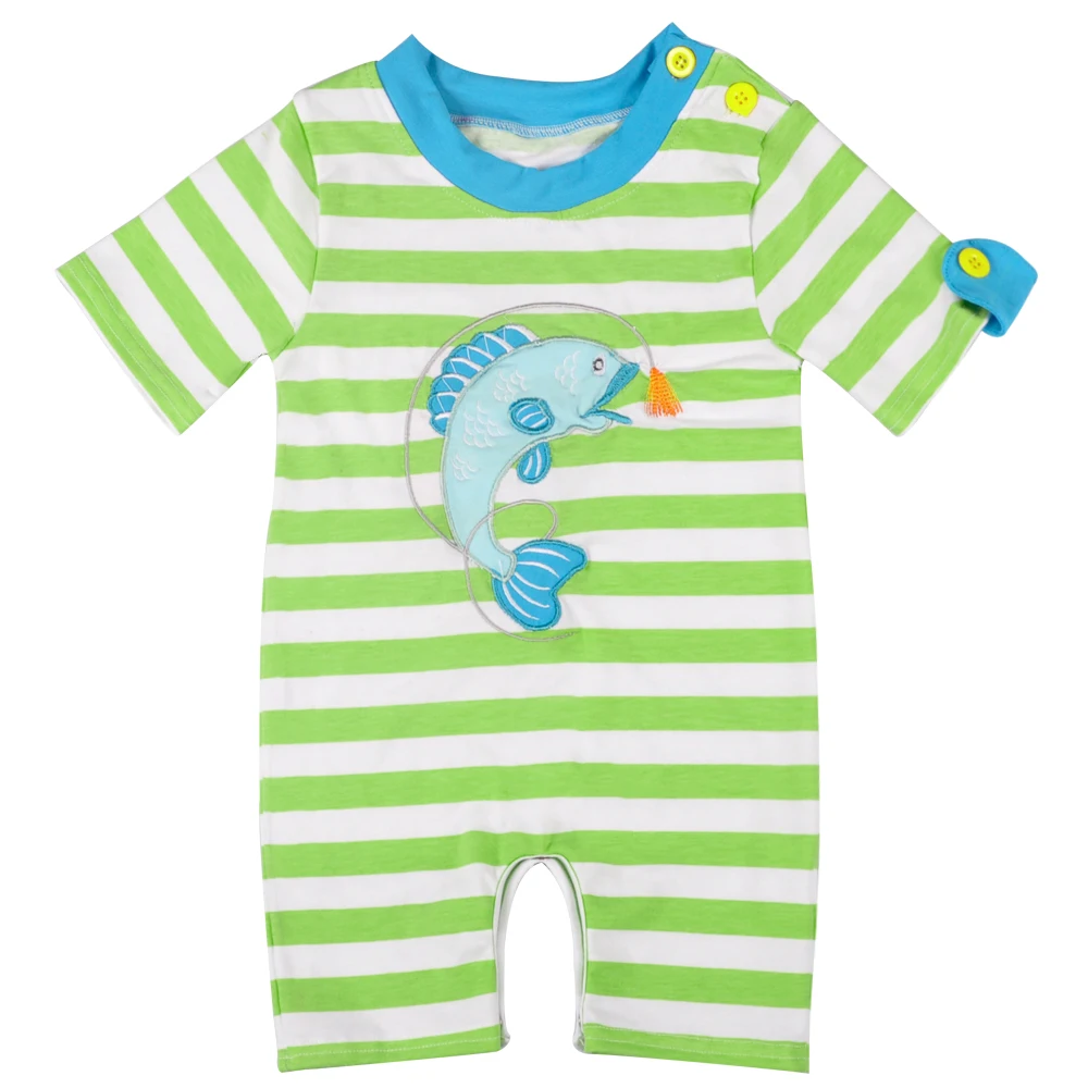 

Baby Boy Rompers Factory Directly Selling Toddler Cotton Newborn Kids Boy Striped Cute Fish Embroidery Summer Baby Clothes