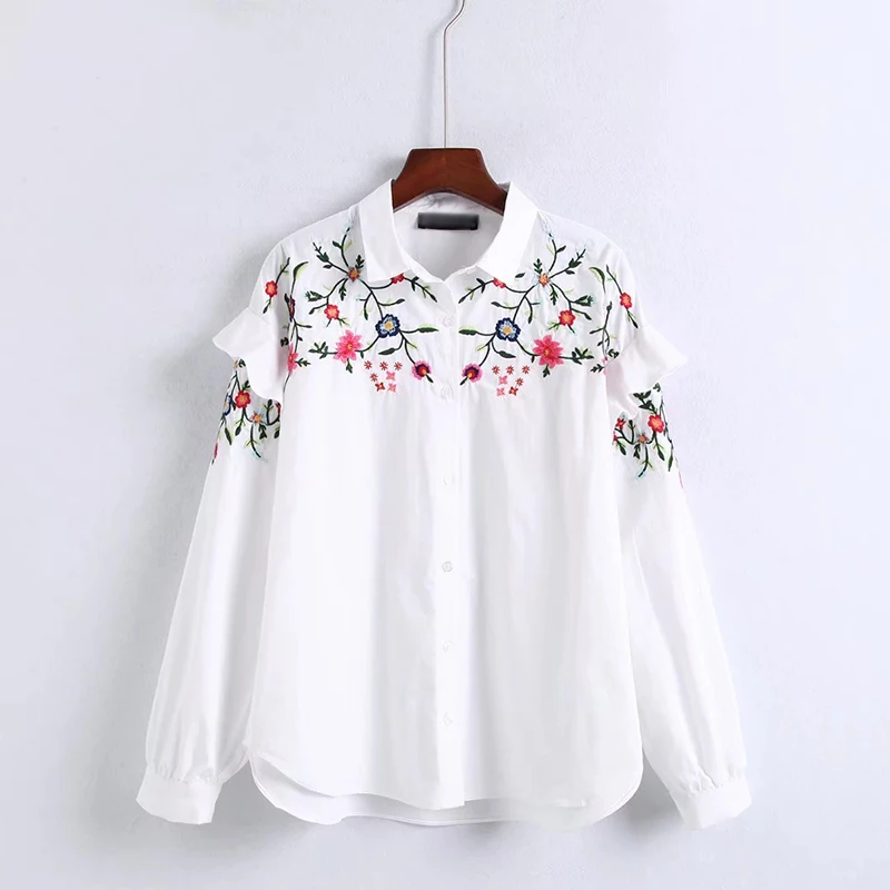 Dioufond Women Embroidery Shirts Vintage Floral Blouses White Autumn ...