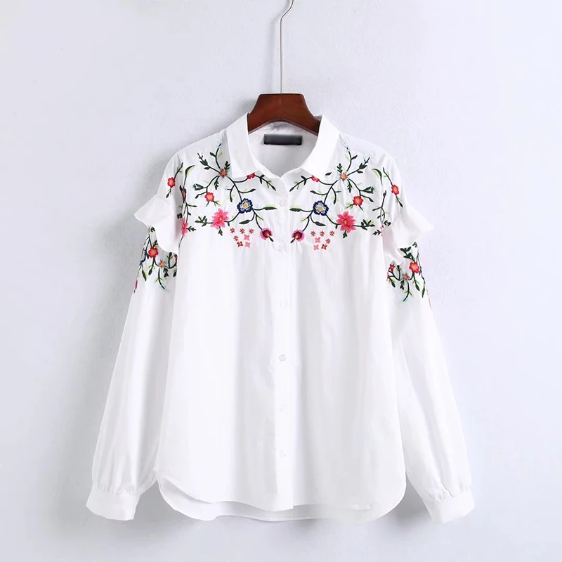 Dioufond women embroidery shirts vintage floral blouses white autumn Dioufond women embroidery shirts vintage floral blouses white autumn