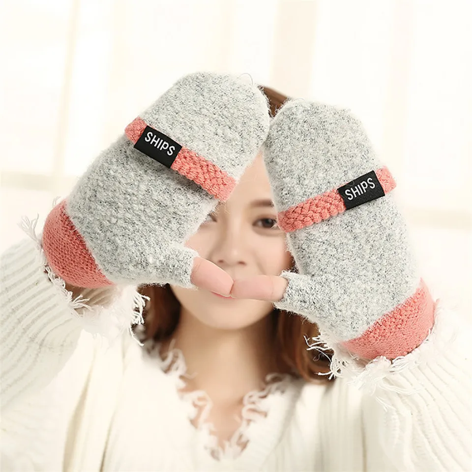 New Arrival Women Thick Female Fingerless Gloves Winter Warm Exposed Finger Mittens Knitted Warm Flip Half Finger Gloves