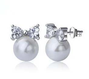 

2015 new arrival free shipping fashion pearl bowknot zircon women 925 sterling silver stud earrings jewelry wholesaler