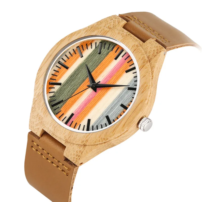 Casual Bamboo Quartz Watch Movement for Women Men Practical Leather Bamboo Watches Unique Stripes Colorful Case Wood Watch