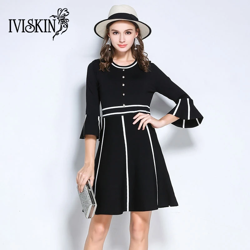 2017 Autumn Winter Black Dress Women Fashion Flare Sleeve Knitted Dress Patchwork Casual A line Dress