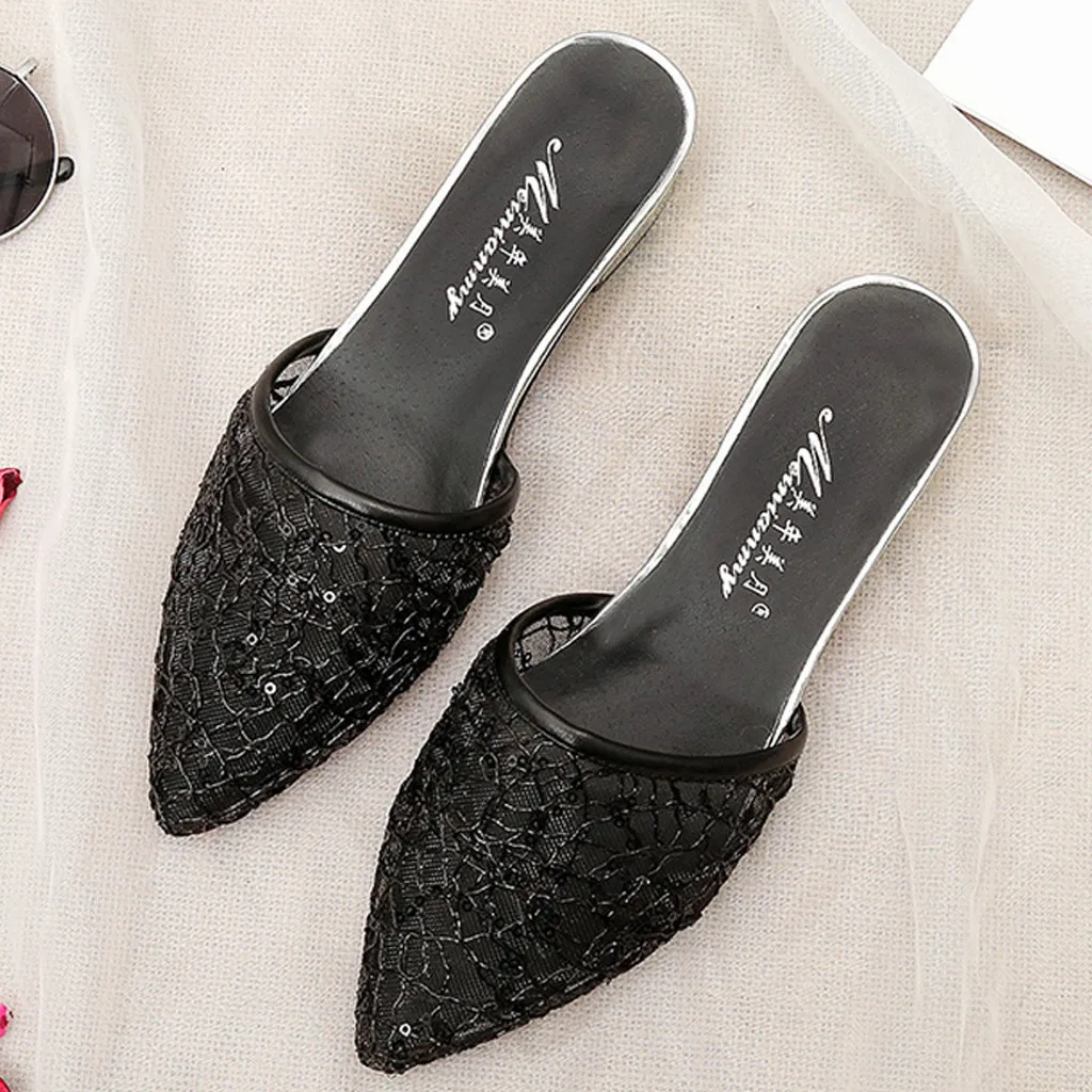 

2019 Women's Mesh Slippers Summer Beach Casual Shoes Hollow Low Heel Sandal Breathable Sequins Lady Fashion slides Hot Loafers
