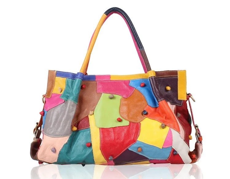Женские сумки из натуральной кожи, Национальные Стильные Цветные Лоскутные сумки из воловьей кожи, большая сумка-тоут