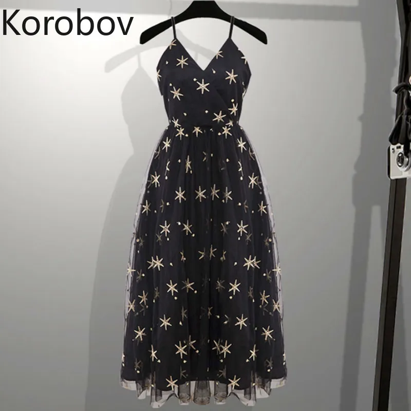 

Korobov Stars Embroidery Black Sexy V-Neck Party Dress Women Spaghetti Strap A-Line Mesh Patchwork Bohemian Dresses 77582