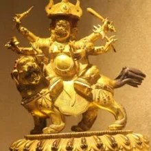 " Тибет Буддизм Храм Фиолетовый Бронзовый 24 К Золото Сидеть Лев Шесть Рук Статуя Будды