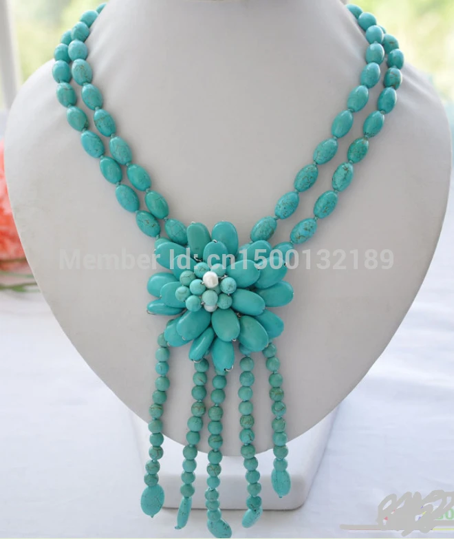 

j00539 2row 18" blue rice round turquoise bead flower necklace