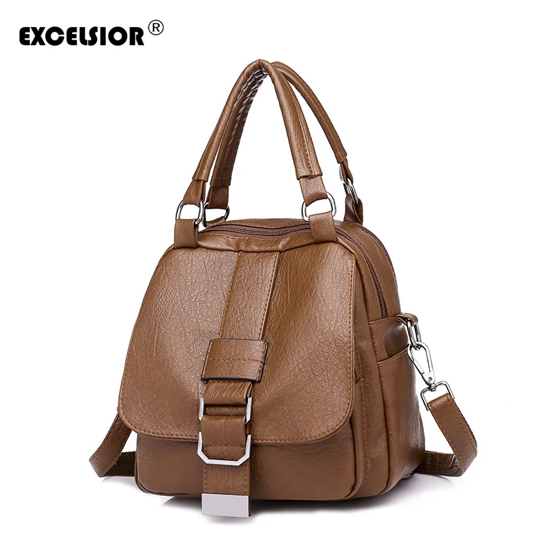 

EXCELSIOR Vintage Women's Bags Fashion Backpacks Quality Leather Backpack Female Square School Bags New for Girls Travel Bags