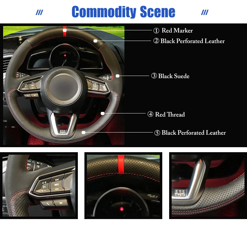 Черная натуральная кожа, черная замша, красный маркер, чехол на руль для Mazda 3 Axela Mazda 6 Atenza CX-5 CX5