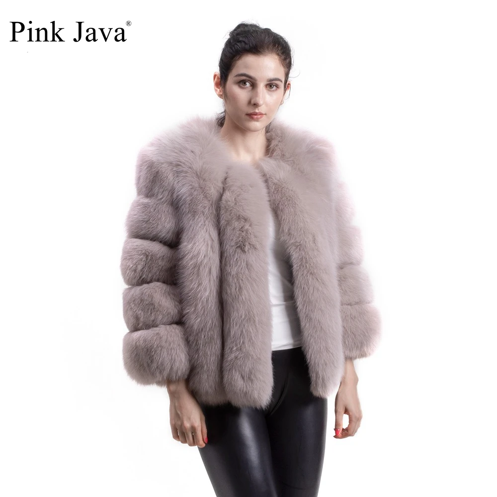 Розовый Java QC1819 Женское пальто с натуральным мехом меха лисы зимняя утепленная