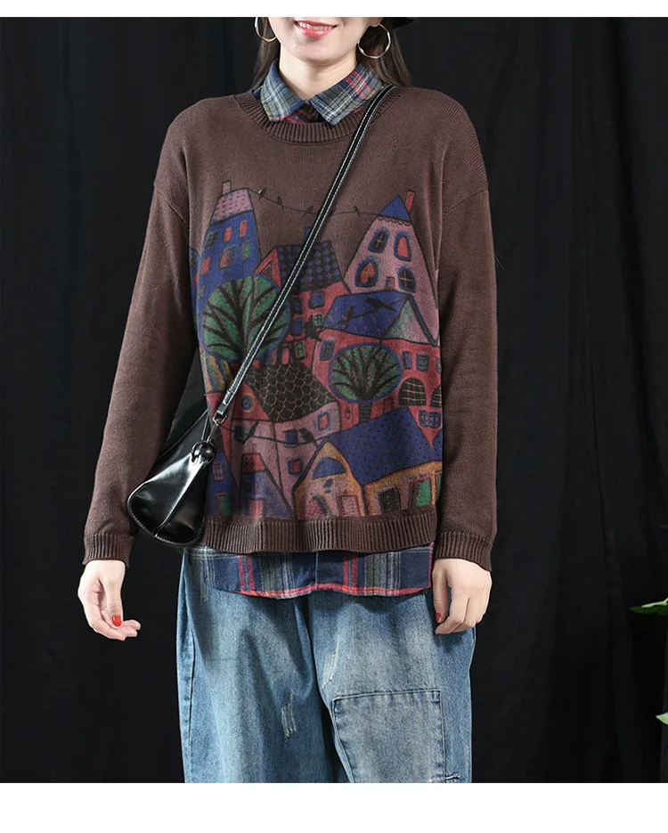 Осенний свитер с круглым вырезом и длинными рукавами в стиле ретро с принтом из мультфильма js