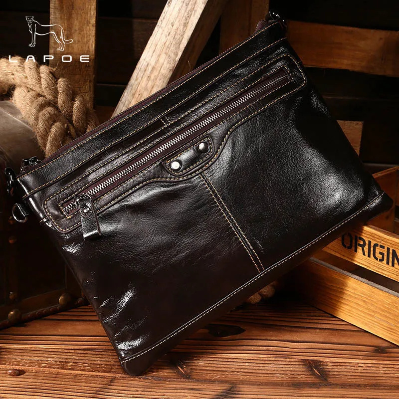 

LAPOE Oil wax cowhide Genuine Leather Men Business Office Bag Solid Zipper Male Day Clutches Vintage Shoulder Messenger bags