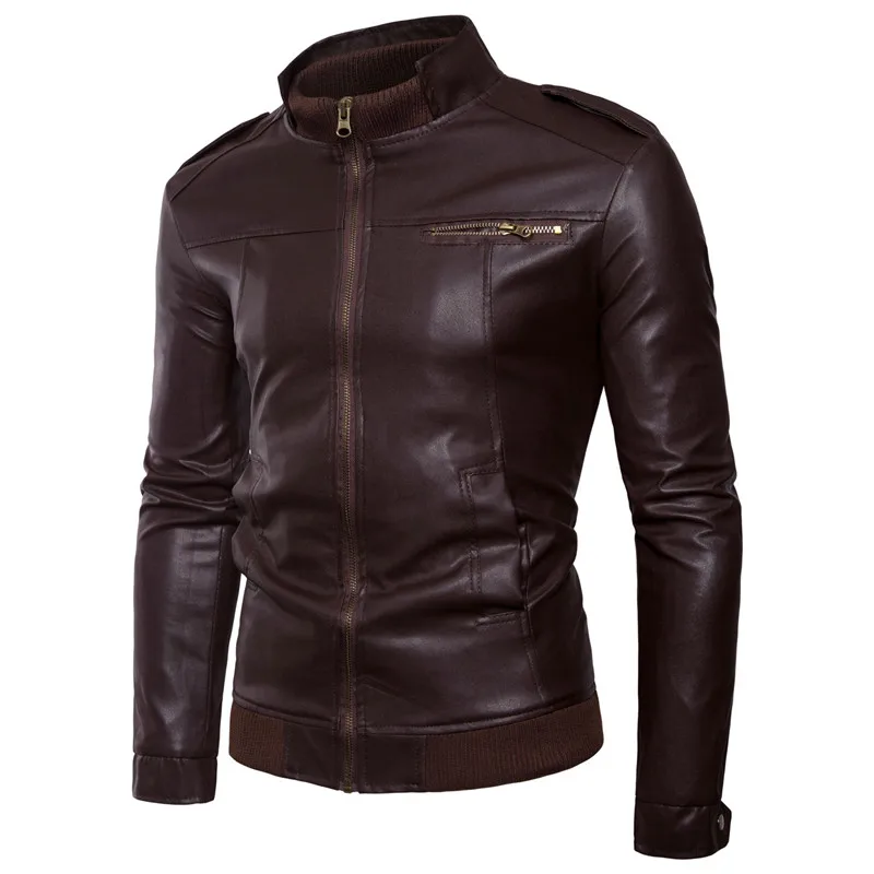  Leather jacket men's fashion horizontal zipper short slim leather jacket men's stand collar casual 
