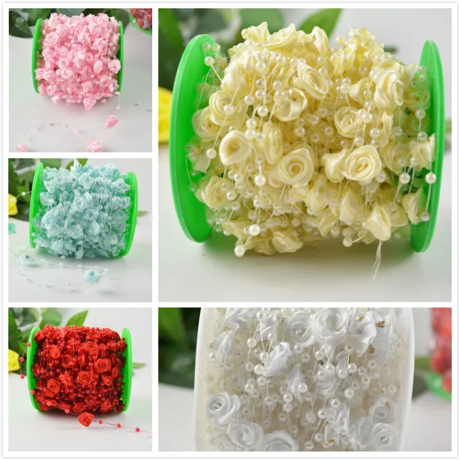 

satin flowers with abs pearl beads strings pearls garland for wedding centerpiece 5yards/lot