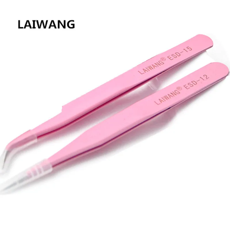 2PCS LAIWANG Professional Pink Straight & Curved Stainless Steel Tweezers Set for Eyelash