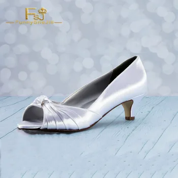 

White Satin Front Bow Bridal Shoes Peep Toe Slip On Kitten Heel Pumps Spring Autumn Big Day Engagement Shoes Woman US 16 FSJ