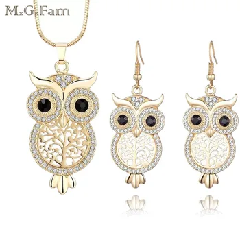 

MxGxFam OWL Jewelry Sets for Women Clear Crystal 18 k yellow Gold Color 48cm Sanke Chain Europe Fashion